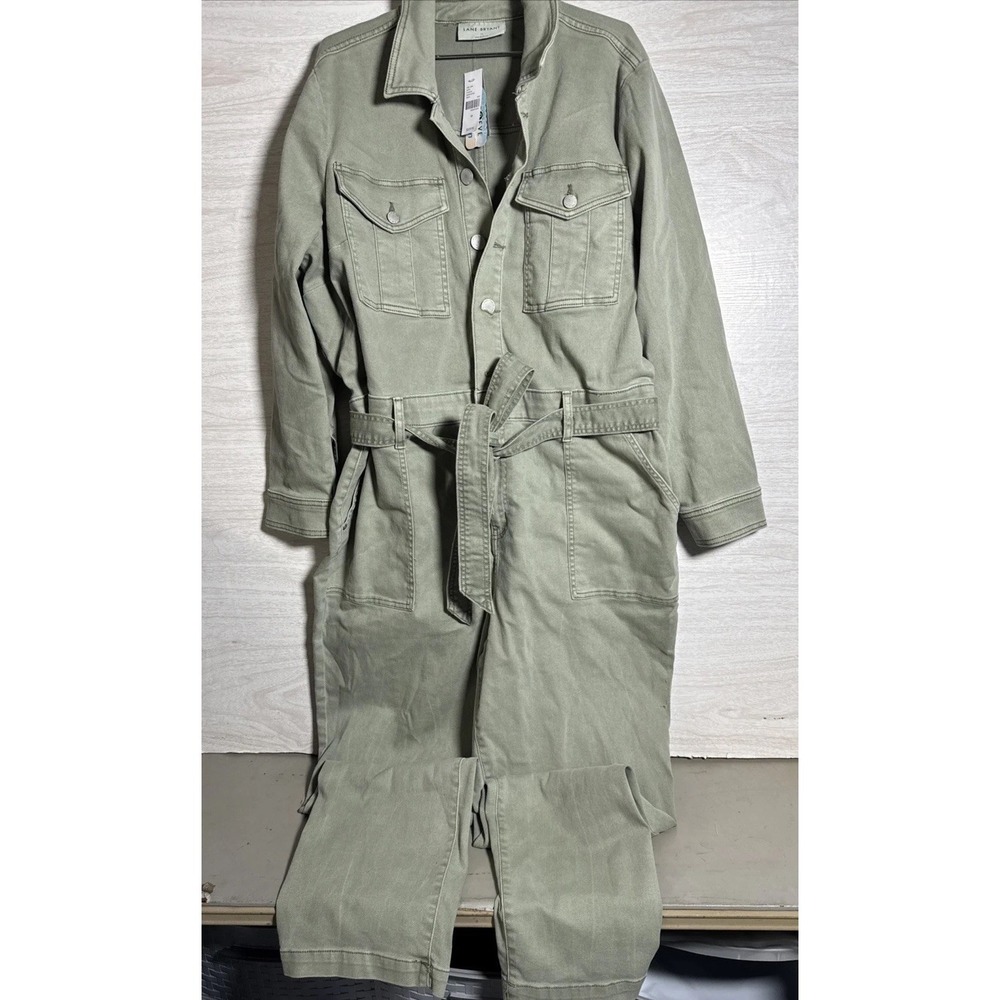 NWT Lane Bryant Denim Olive  utility romper/ jumpsuit Long Sleeve Belted Sz 20